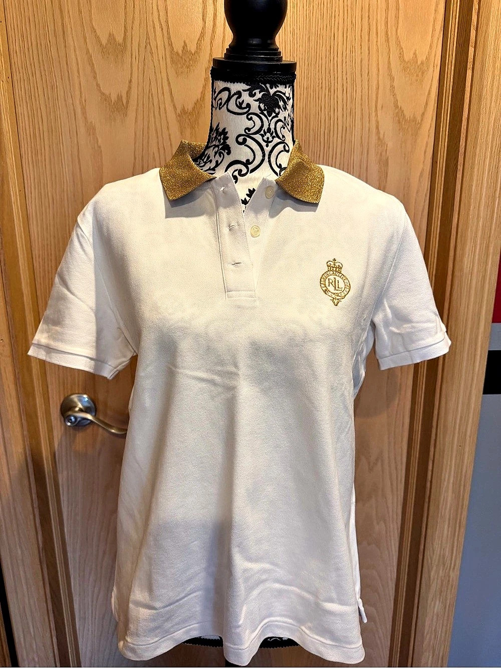 Lauren Ralph Lauren Women's Short Sleeve Polo in White & Gold